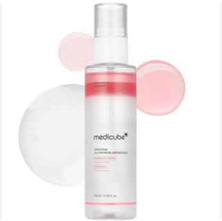 Medicube PDRN Pink Glutathione Serum Mist 100mL, facial mist with pink branding, featuring a spray bottle for skincare hydration and glow.