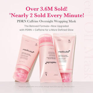 Medicube PDRN Pink Caffeine Night Wrapping Mask applied on face, showcasing its pink color and smooth texture in a 75ml jar.