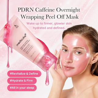 Medicube PDRN Pink Caffeine night face mask in 75mL jar, hydrating skincare product for overnight rejuvenation and brightening.