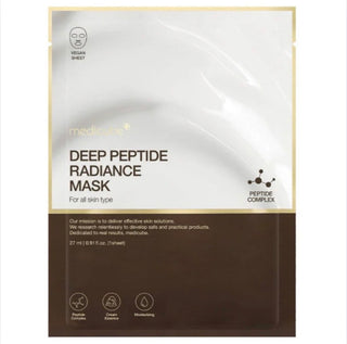 Medicube Deep Peptide Radiance Mask in a 27mL face sheet mask package, designed to enhance skin brightness and hydration.
