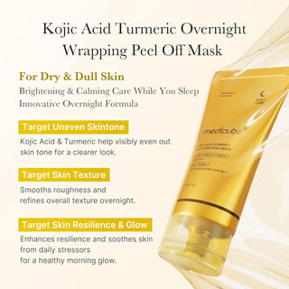 Medicube Kojic Acid Tumeric Night Wrapping Mask in 75mL jar, featuring a face sheet mask with brightening ingredients.