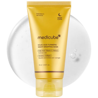 Medicube Kojic Acid Tumeric Night Wrapping Mask 75mL, face sheet mask with brightening ingredients, shown on a clean surface.