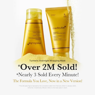 Medicube Kojic Acid Tumeric Night Wrapping Mask in a 75mL jar, featuring a face sheet mask with brightening ingredients and soothing turmeric.