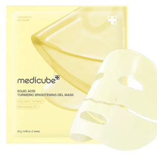Medicube Kojic Acid Turmeric Brightening Gel Mask face sheet mask laid flat, showing the product packaging with branding and ingredients.