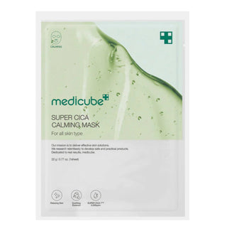 Medicube Super Cica Calming Face Sheet Mask spread out showing soothing ingredients for sensitive skin care.