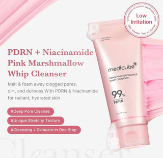 Medicube Pdrn Pink Niacinamide Whip Cleanser 120g, a facial cleanser with pink niacinamide, shown in a white tube.