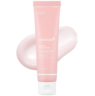 Medicube PDRN Pink Hyaluronic Facial Cream in 50mL jar, showcasing pink packaging and smooth cream texture for moisturizing skin.