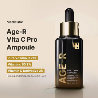 Medicube AGE-R Vita C Pro Ampoule serum in a 20mL bottle, featuring a clear glass container with a dropper for skincare.