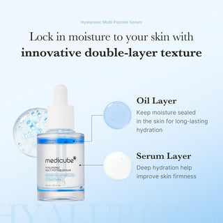 Medicube Hyaluronic Multi Peptide Serum 30mL bottle with dropper, showcasing clear liquid and sleek packaging.