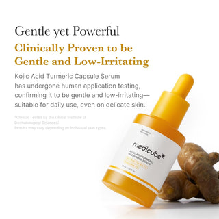 Medicube Kojic Acid Turmeric Niacinamide Serum in a 30mL bottle, shown with serum dropper and sleek packaging.