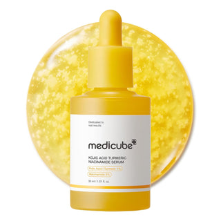 Medicube Kojic Acid Turmeric Niacinamide Serum 30mL bottle, clear glass with dropper for brightening and skin tone improvement.