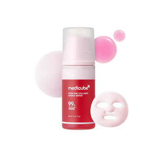 Medicube PDRN Pink Collagen Bubble Serum in a 95mL bottle, showcasing the serum's pink color and bubble texture.