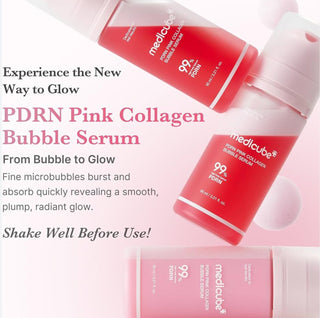 Medicube PDRN Pink Collagen Bubble Serum bottle with pink packaging and applicator, 95mL, showcasing serum product.