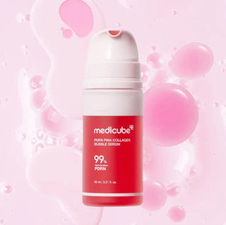 Medicube PDRN Pink Collagen Bubble Serum in a 95mL bottle, showing the pink serum with a bubble texture and pump dispenser.