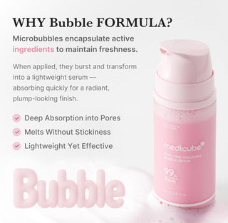 Medicube PDRN Pink Collagen Bubble Serum in a 95mL bottle, featuring a pink design and a pump dispenser for skincare application.