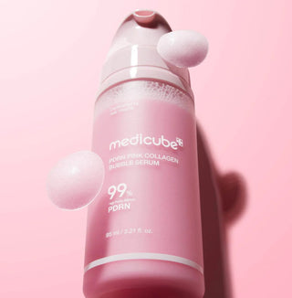 Medicube PDRN Pink Collagen Bubble Serum bottle, showcasing its pink packaging and serum product details.
