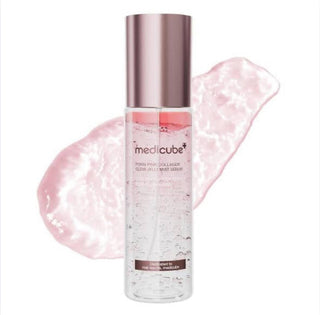 Medicube PDRN Pink Collagen Glow Jelly Mist Serum in a 100mL bottle, showing the pink-tinted serum inside a clear container.