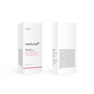 Medicube PDRN Pink Peptide Serum bottle with pink cap and clear label, 30mL, featured on a white background.