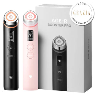 Medicube Age-R Booster Pro skincare tool in pink, designed for facial rejuvenation and skin firming.