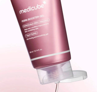 Medicube PDRN Booster Gel 300mL, soothing gel with hydrating and calming properties, displayed in a clear container.