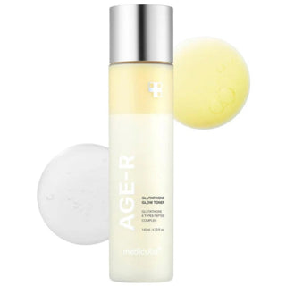 Medicube Age-R Glutathione Glow Toner in a 140mL bottle, featuring clear liquid and pump dispenser for brightening skincare.