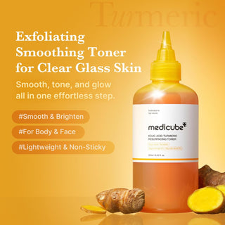 Medicube Kojic Acid Turmeric Resurfacing Toner in a 250mL bottle, showing the product label and packaging.