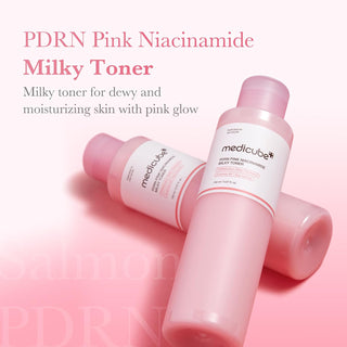 Medicube PDRN Pink Niacinamide Milky Toner 150mL bottle, showing the packaging with the product label and a soft pink color design.