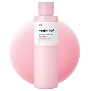 Medicube PDRN Pink Niacinamide Milky Toner 150mL bottle, featuring soft pink label and clear liquid inside.