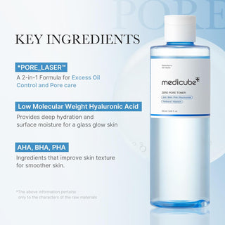 Medicube Zero Pore Toner 250mL bottle, clear liquid toner with a minimalist label, designed for pore tightening and skin clarity.