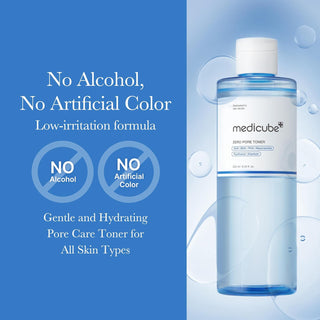Bottle of Medicube Zero Pore Toner 250mL with clear liquid, designed for pore refining and skin clarity.