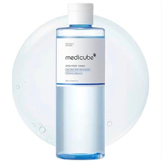 Bottle of Medicube Zero Pore Toner 250mL with clear label, showcasing its skincare packaging and minimalist design.