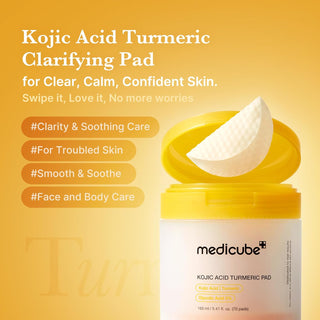 Medicube Kojic Acid Turmeric Toner Pads, 70pcs, skincare product with brightening ingredients in a resealable pouch