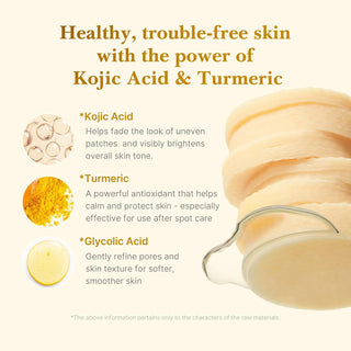 Medicube Kojic Acid Turmeric Toner Pads, 70pcs, showing the packaging and toner pads for skin brightening and exfoliation.