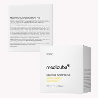 Medicube Kojic Acid Turmeric Toner Pads, 70pcs, showing a close-up of the product packaging and toner pads in a container.