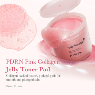 Medicube PDRN Pink Collagen Gel Toner Pads in a 120mL container with 70 pads, shown with the open pad revealing its pink collagen gel.