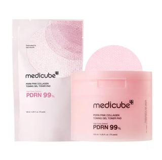 Medicube PDRN Pink Collagen Gel Toner Pad, 120mL, set of 70 toner pads for hydrating and nourishing skin.