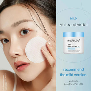 Medicure Zero Pore Pad Mild toner pads, 70-piece pack, shown in a white container with individually wrapped pads for pore cleansing.