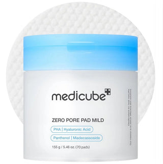 Medicube Zero Pore Pad Mild toner pads, 70-piece pack, in a white container with the product label visible.