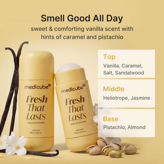 Medicube Vanilla & Pistachio deodorant stick, 83g, with smooth vanilla and nutty pistachio scent in a sleek container.