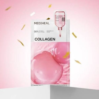 Mediheal Collagen Essential Face Sheet Mask soaked in serum, designed to hydrate and rejuvenate skin.
