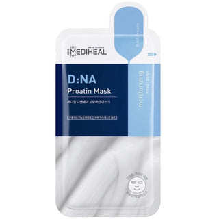 Mediheal D:NA Proatin Face Sheet Mask, 25mL, showing the mask soaked in solution and packaging with product branding