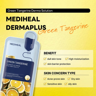 Mediheal Dermaplus face sheet mask in 22mL package, designed for skincare and hydration, with natural ingredients visible on the packaging.