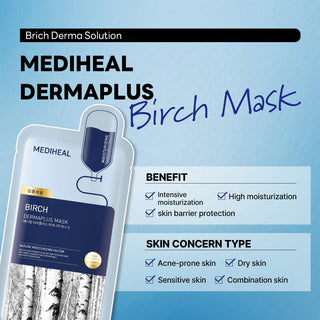 Mediheal Dermaplus Face Sheet Mask 22mL, soothing skincare mask with natural ingredients, shown in packaging and mask sheet.