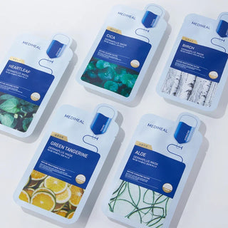 Mediheal Dermaplus Face Sheet Mask 22mL, soothing skincare mask with natural ingredients, displayed in its packaging.