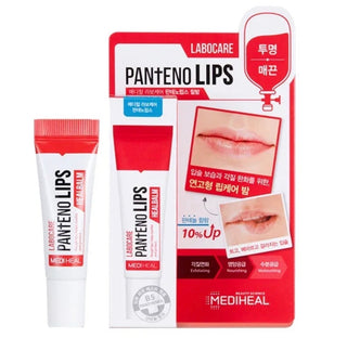 Mediheal Labocare Pantenolips Healbalm lip balm tube showing the black cap and clear packaging with product label.