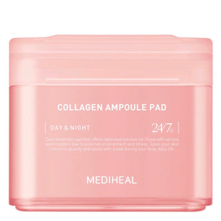 Mediheal Collagen Ampoule Pad toner pads, 100 sheets, natural skincare product with collagen for nourishing and hydrating skin.