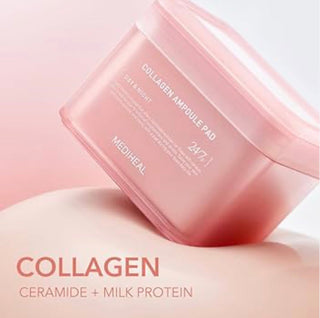 Mediheal Collagen Ampoule Pad toner pads with 100 sheets, featuring nourishing collagen for bright, hydrated skin.
