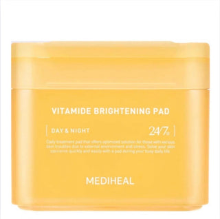 Mediheal Vitamide Brightening Pad toner pads in a 180ml container, featuring 100 brightening skincare pads.