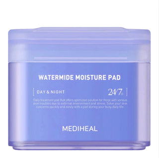 Mediheal Watermide Moisture Toner Pads in a container, featuring 100 sheets for hydrating skincare.