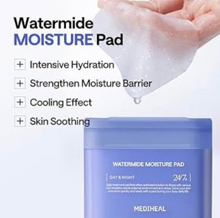 Mediheal Watermide Moisture Pad toner pads with 100 sheets, hydrating skincare product for refreshed, moisturized skin.